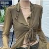 Long Flare Sleeve Sexy Sweet Hot Girls Korean Blouses for Women Lace-up Mesh Fashion Style All-match Solid Design Elegant Casual