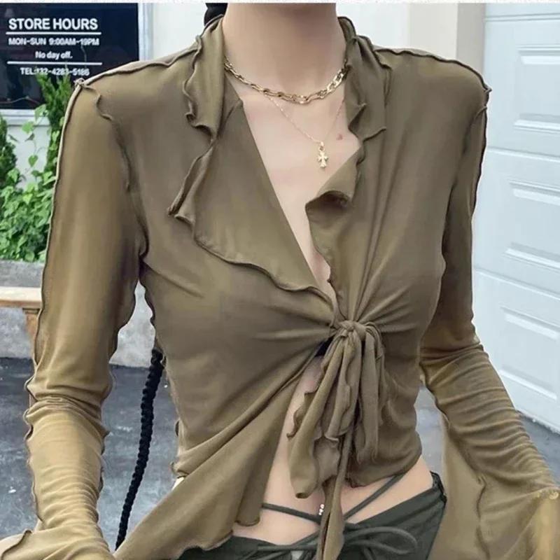 Long Flare Sleeve Sexy Sweet Hot Girls Korean Blouses for Women Lace-up Mesh Fashion Style All-match Solid Design Elegant Casual
