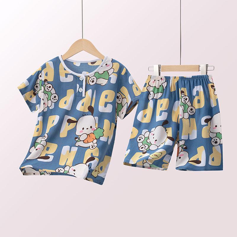 Slim Fit Summer Cotton Silk Pajama Set - Short Sleeve & Shorts for Kids, Boys, Girls- Parent-Child Homewear