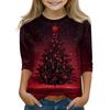 Children's 3/4 Sleeve Tops Casual Christmas Print T Shirt Round Neck Pullover Blouse