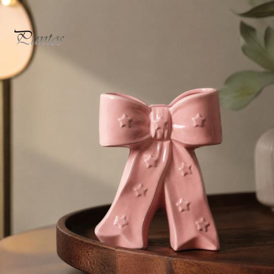 Dried Flower Holder Ceramic Bow Vase with Star, Decorative Flowers Vase, Creative French Style Arrangement for Living Room Table Centerpiece