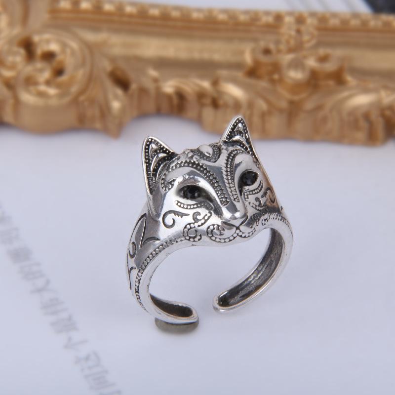 Yin Taifei Silver Fox Demon Mask Ring - Women's Peach Blossom Attraction, Cat Face Fox, Japanese Style Accessory.