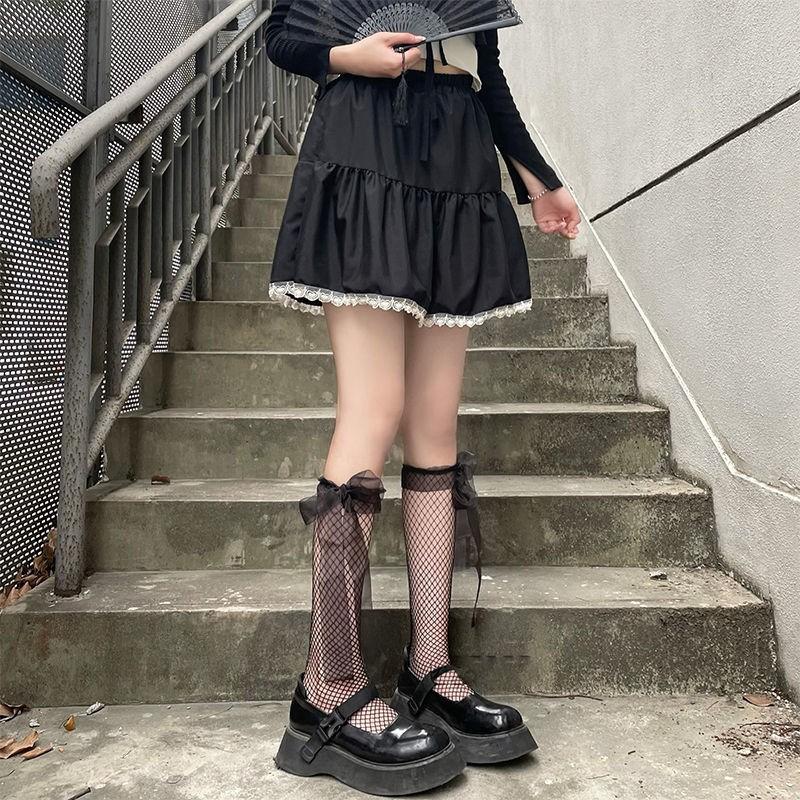 Ribbon Calf Socks Lace Lace Jk Socks Women's Medium Tube Strap Bow Hollow Half Net Socks Lolita