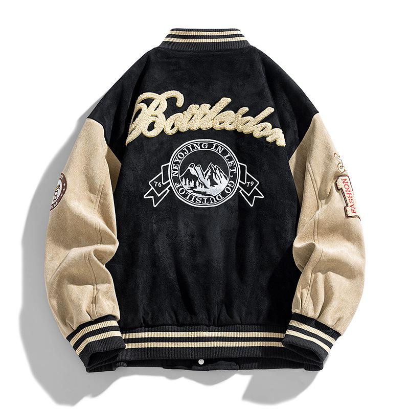 2025 Men's Casual Suede Baseball Jacket - American Street Style with Embroidered Collar