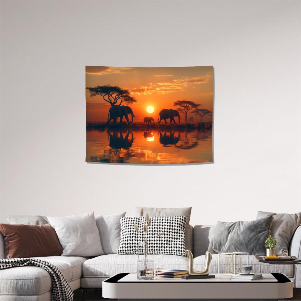 African Elephant Sunset Tapestry 2D Digital Print Polyester Wall Hanging Living Room Bedroom Office Decor with Hooks