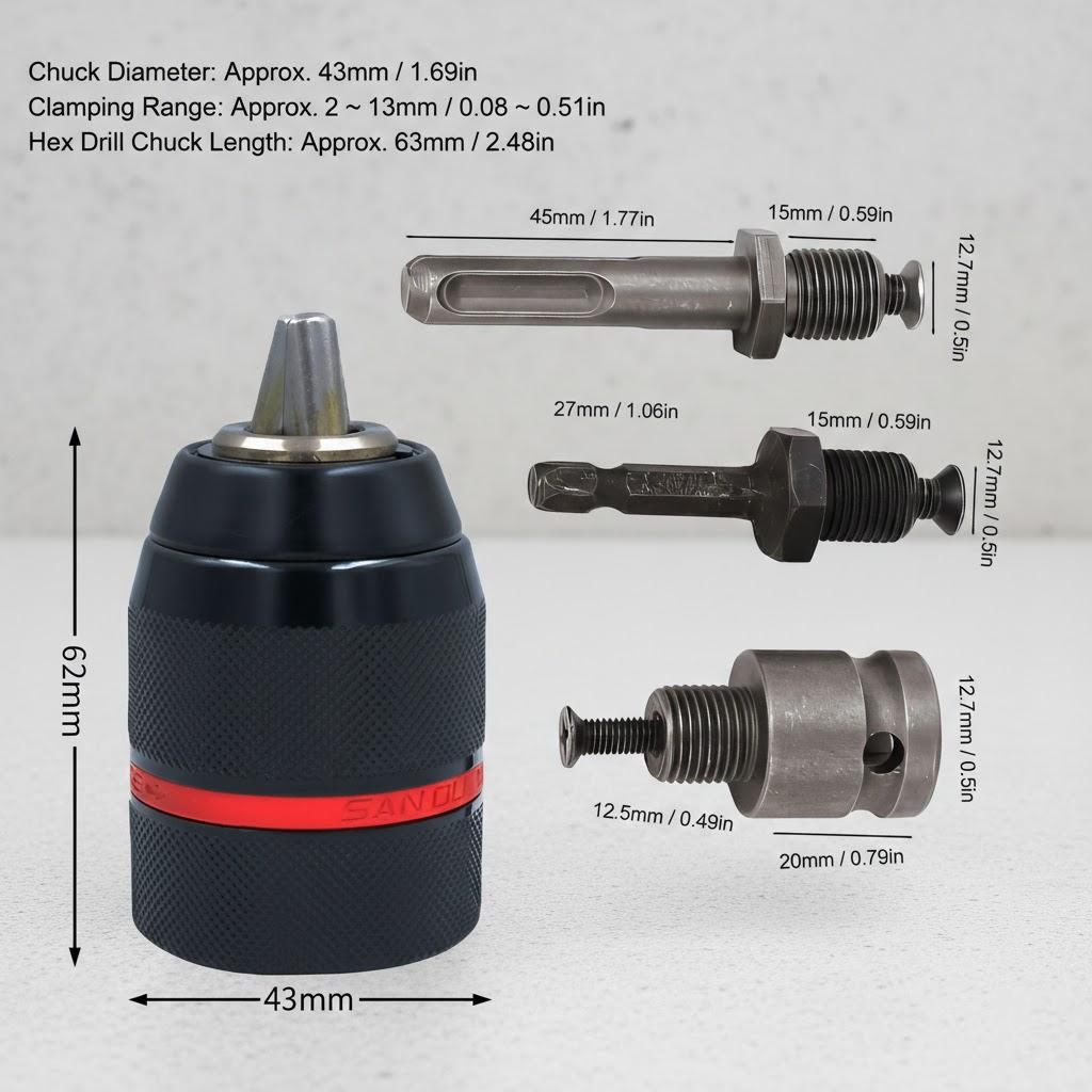 

4Pcs 2-13mm Keyless Metal Drill Chuck SDS Adapter Impact Screwdriver Tap Wrench Tool Set High Precision Engineering Accessories