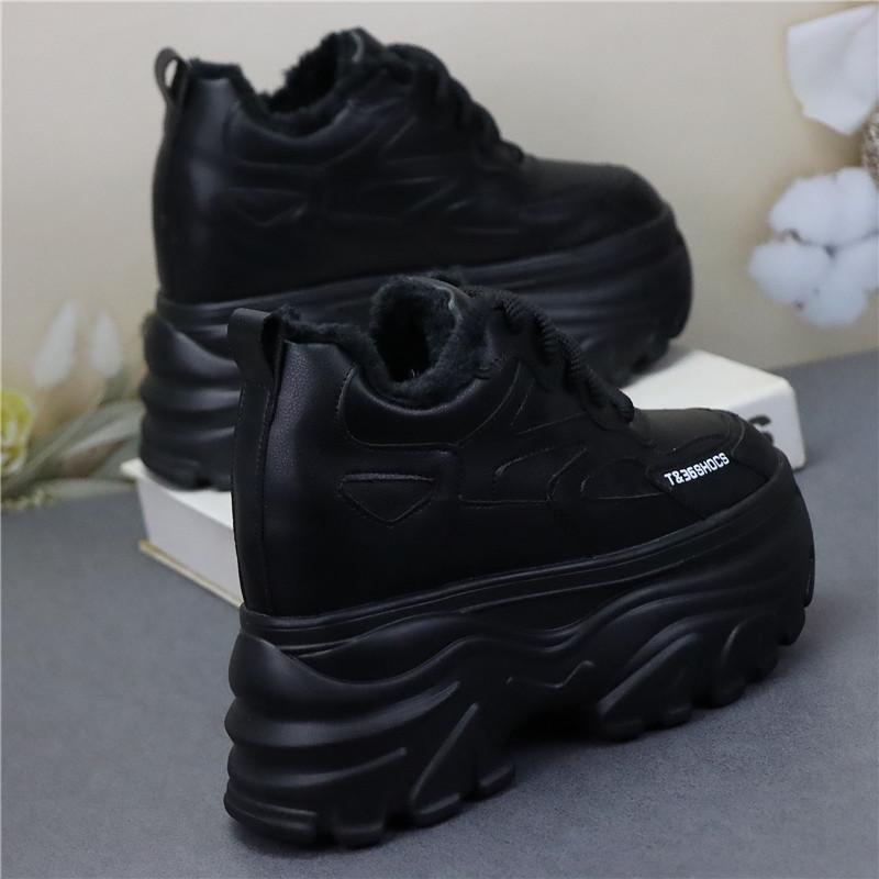 Fashion 12CM Genuine Leather Vulcanize Fashion Thick Bottom Women Chunky Sneakers Platform Wedge Causal Winter Plush Autumn Shoes