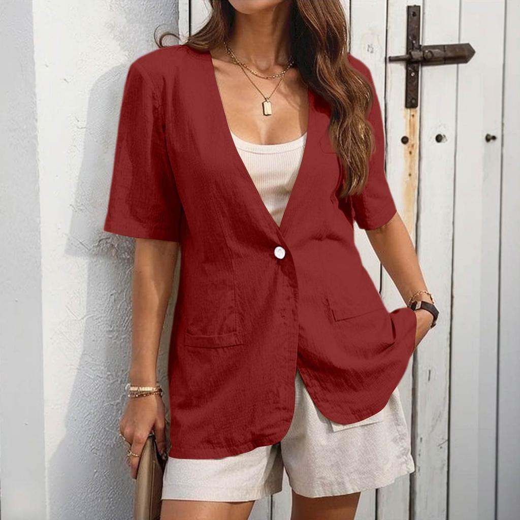Women's Work Casual Short Sleeve V-Neck Single Button Solid Color Coat