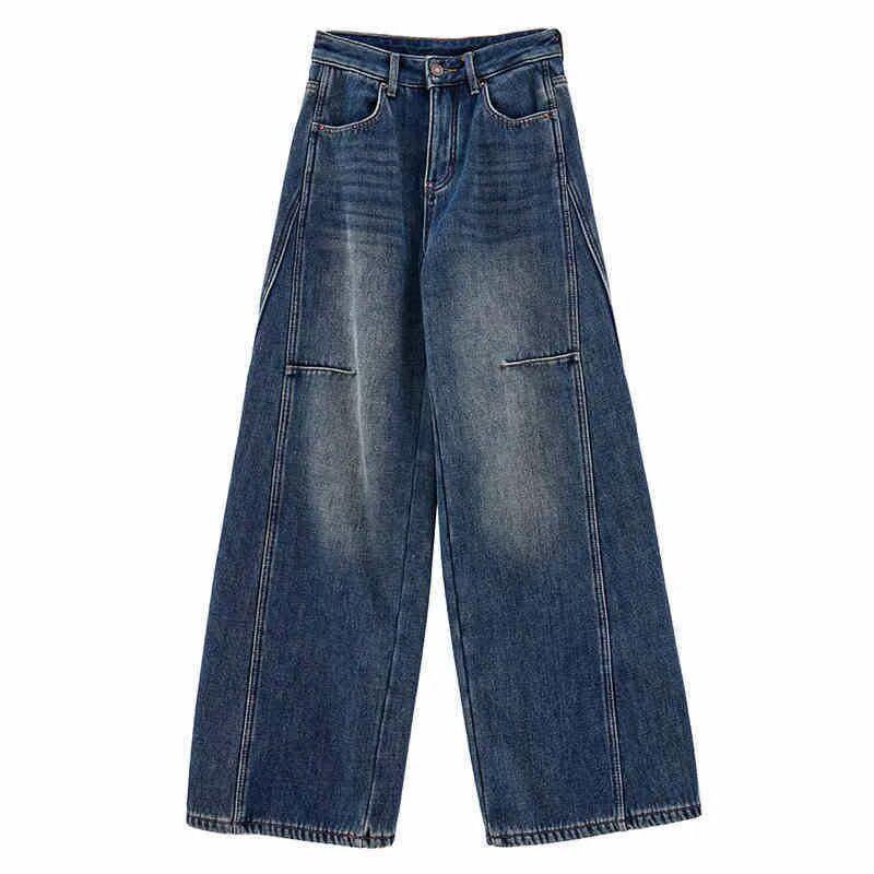 

Women s High-Waisted Retro Wide-Leg Jeans - Plus Size, Loose Fit, Floor-Length, Casual Spring/Autumn Design. 2XL синий