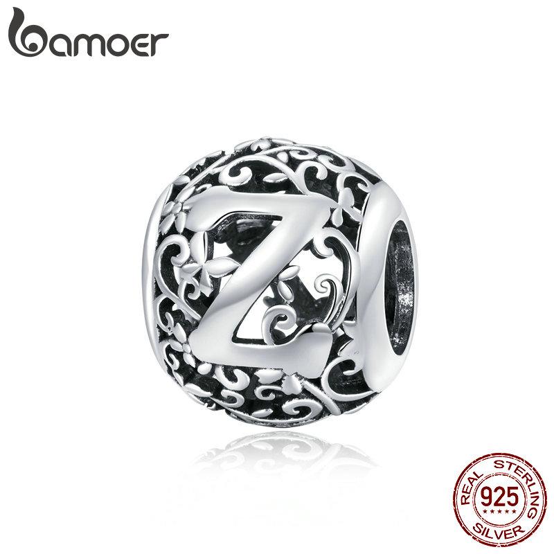 BAMOER 925 Silver Retro Letter Charms Hollowed Alphabet A-Z Round Beads for Women Bracelet DIY Jewelry Making