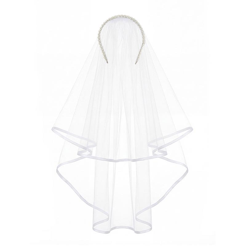 Triple-Row Pearl Headband & Double-Layer Veil Bridal Headdress