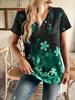 Plus Size Women's Black V Neck Short Sleeve Top with Green Floral & Star Print Casual Loose Fit Summer T-Shirt