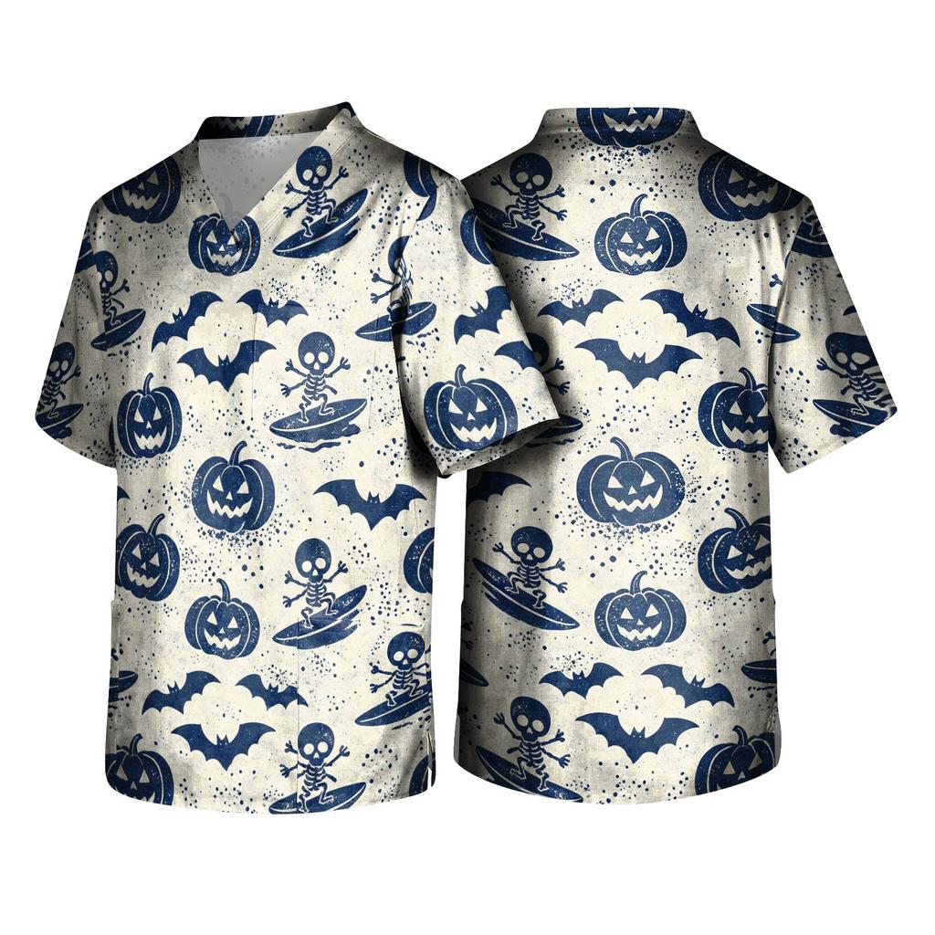 Men's Halloween Print V-Neck Short Sleeve Scrub Top with Pocket