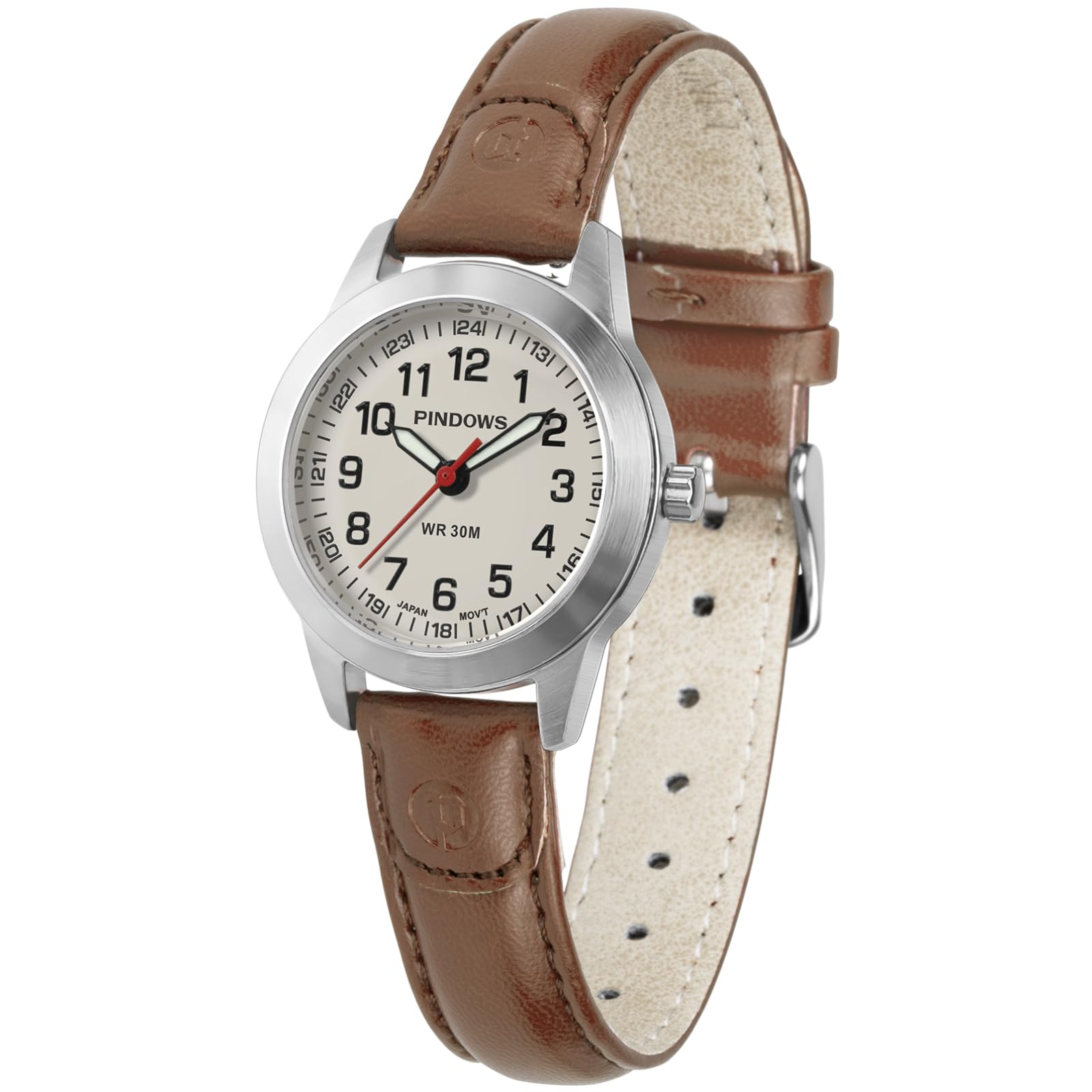 

PINDOWS Elegant Analog Quartz Design with Leather Waterproof Fashion Dress Watch with Luminous Dial for Easy Reading Women s Watch, Strap,