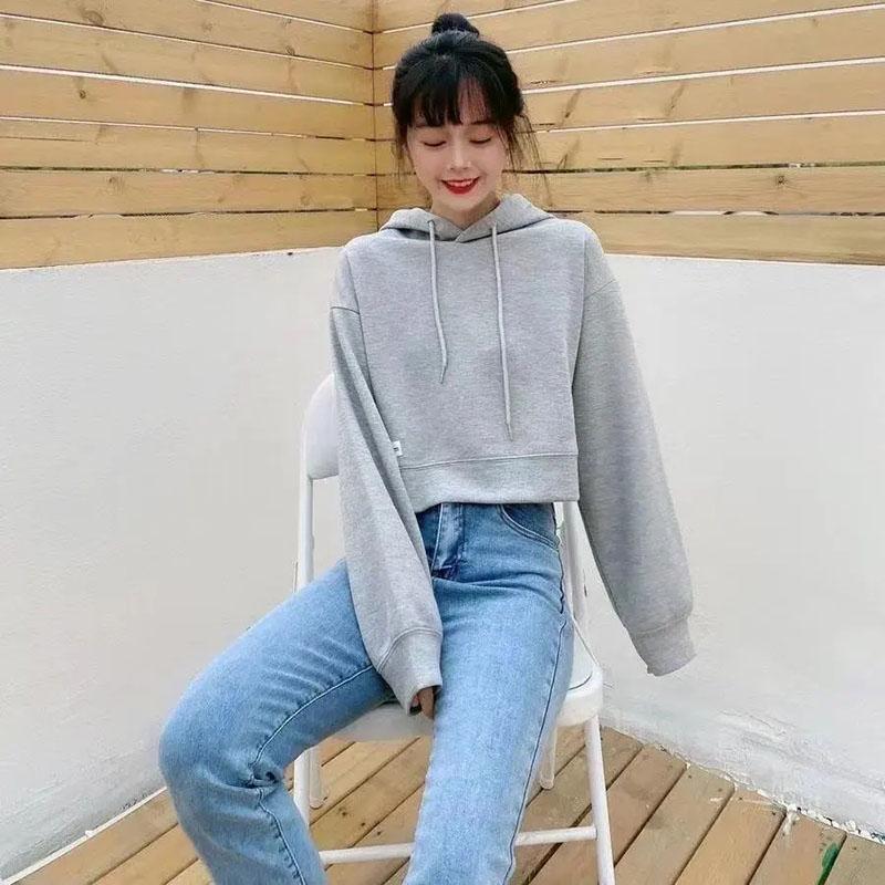 Kapuzenpullover Bonbonfarbenes Kapuzensweatshirt Damen Kurz Langärmlig Frühling und Herbst Einfarbig Tide Dünner Pullover Jacke Oberteil
