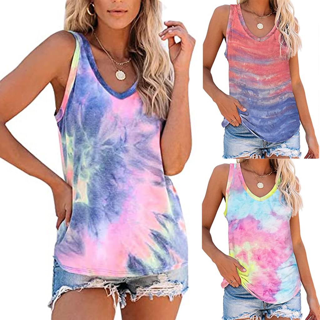 

Women s Summer Sunflower Tie-Dye Sleeveless V-Neck T-Shirt Casual Tanks Tops