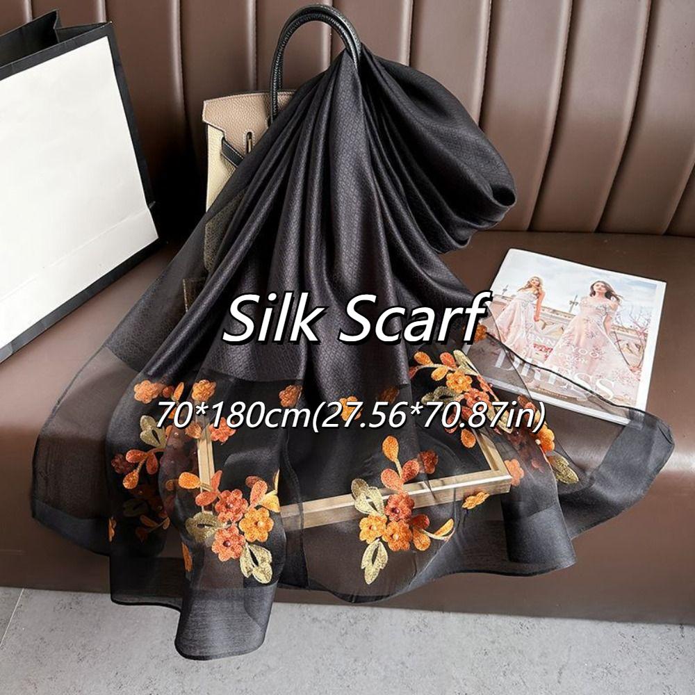Fashion Soft Thin Luxury Silk Scarf Flower Embroidery Foulard Women Hijab Shawls Wraps Large Shiny Lace Scarf Lady