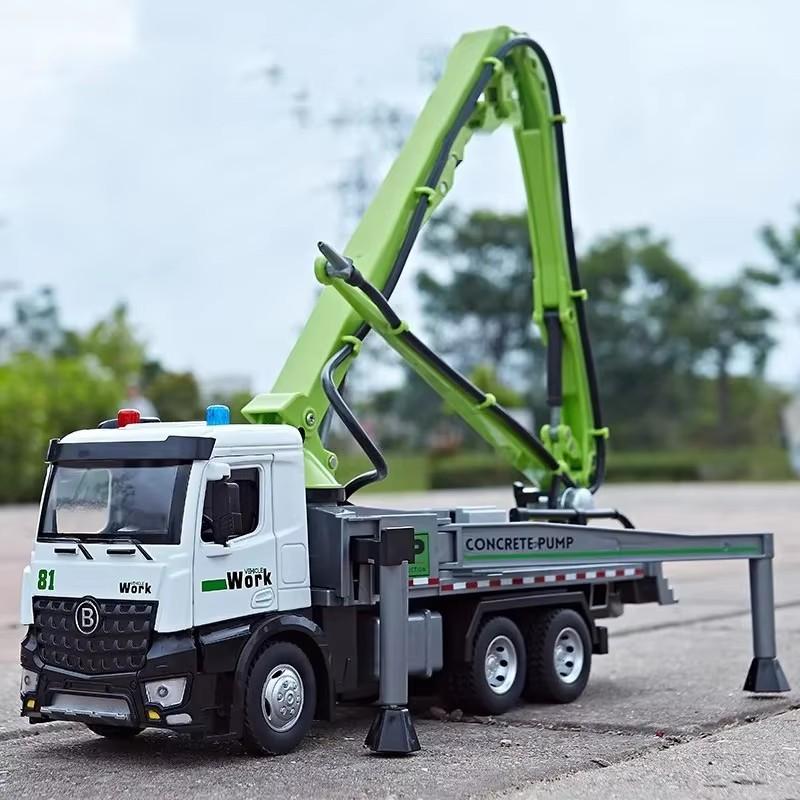 1:24 Electric Flatbed Trailer Cement Pump Truck Model Toys Diecast Alloy Car Doors Opened Sound Light Vehice Children's Boy Gift