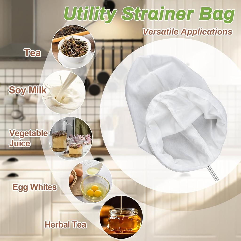 3 PCS Fine Mesh Strainer Bags - RAINFLOW Reble Cheese Cloth Bag for Straining with Stainless Steel Handle Medium Size Food Grade Filter for Coffee