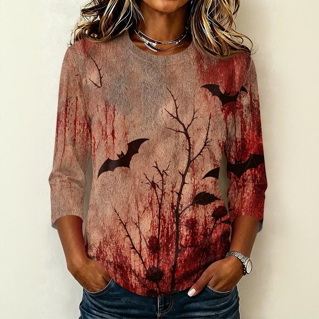 Women's Casual Round Neck Three Quarter Sleeve Halloween Print T Shirt Top Lightweight Comfortable Fit for Daily Wear