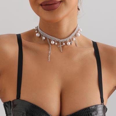 Design Light Luxury Full Diamond Collar Tassel Cross Butterfly Love Necklace Clavicle Chain