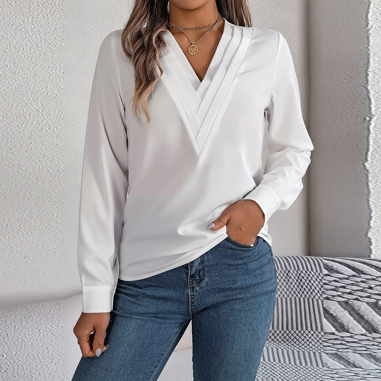 

Женская мода повседневный однотонный многослойный V-образный вырез с длинным рукавом пуловер топ XL белый
