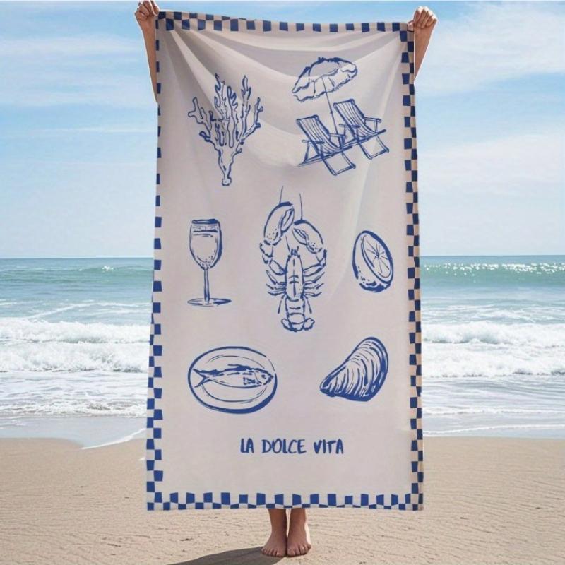 

1pc La Dolce Vita Amalfi Coast Beach & Bath Towel - Italian Coastal Design with seafood - Quick-Dry Ultra-Fine Fiber Towel W30*H60(CM)
