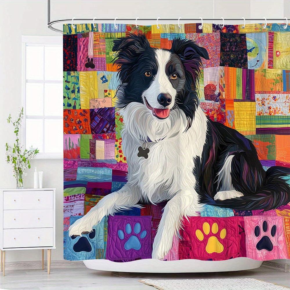

1pc Quilted Border Collie Shower Curtain - Vibrant Black & White Dog with Expressive Eyes on Colorful Patchwork, Purple Collar 90x180cm