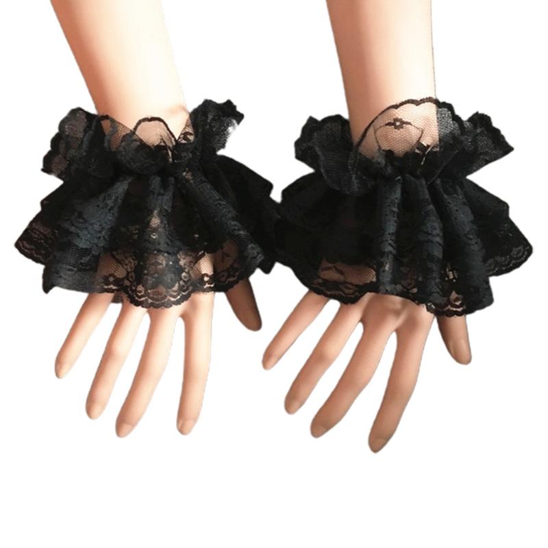 Floral Lace Layered Horn Cuffs Stretch Wrist Fake Sleeves Lolita Ruffled Cosplay Party Costume Accessory for Women Girls