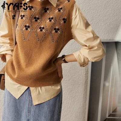 Women's Fashion Casual Fall Winter Flower Pattern Print Sleeveless O-Neck Sweaters