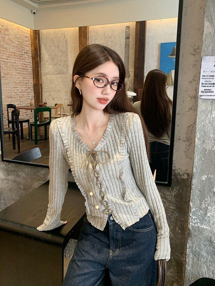 Women's Retro Tie-Up Design Long-Sleeve Textured Cropped T-Shirt for Autumn/Winter