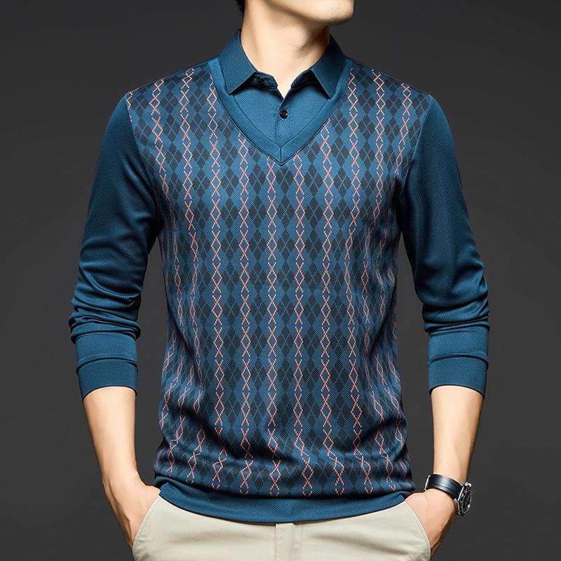 Men's Long Sleeve Rhombus Print Lapel T-shirt - Fake Two-Piece Casual Top