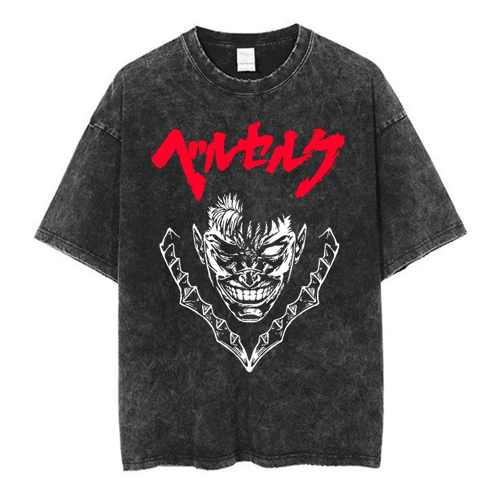 Japanese Anime Berserk Guts Vintage Washed T Shirt Griffith Swordsman Gatsu Sacrifice Zodd T-shirts Unisex Cotton Casual T-Shirt