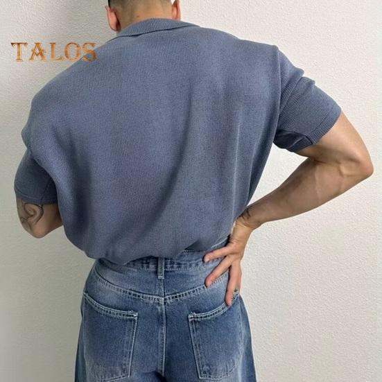 Summer Men Shirt Knitted Short Sleeves Turn-down Collar Single-breasted Stretchy Solid Color Cardigan Loose Daily Wear Casual Top