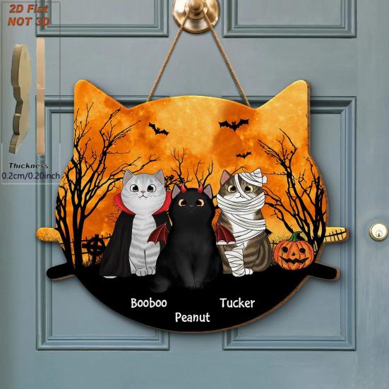 Yousheng Halloween Hanging Door Sign, Cute Cat Hanging Sign, Wooden Front Door Hanger with Hemp Rope for Porch Wall Indoor Home