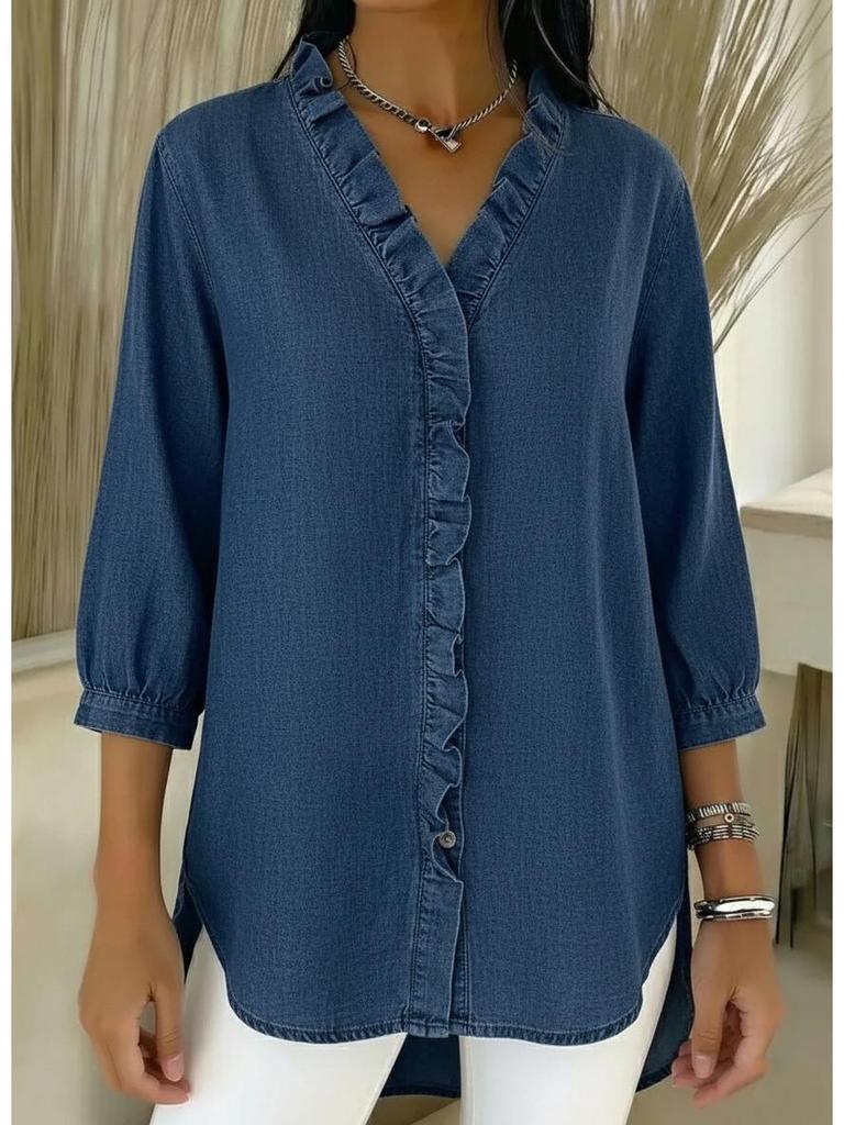 2026 Spring/Summer Women's Casual Faux Denim V-neck Ruffle Shirt Top