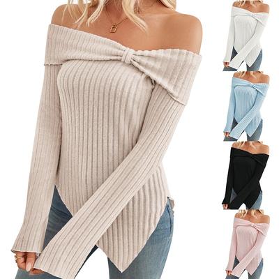 2025 Autumn and Winter New Products Ladies Fashion Gentle Pullover One-shoulder Slim Split Sweater White Pink Apricot 9802