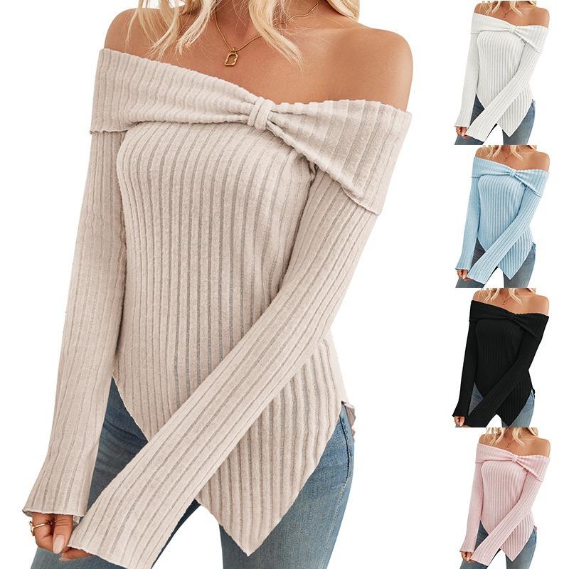2025 autumn and winter new products ladies fashion gentle pullover one-shoulder slim split sweater white pink apricot 9802 S
