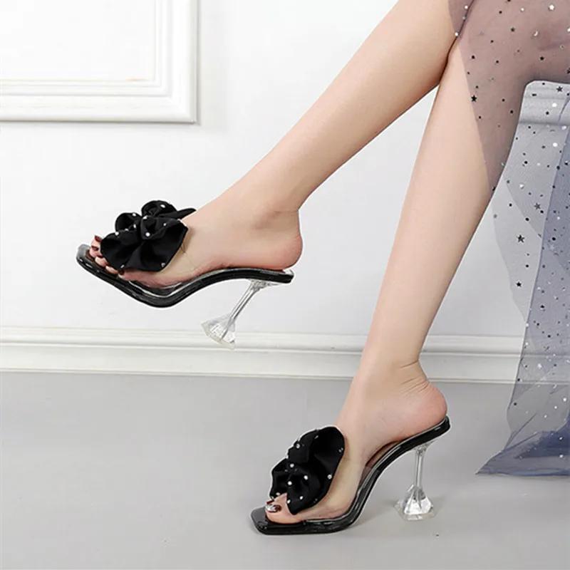 Fashion 2025 Fashion Crystal Bow High Heels Slippers Shoes for Woman Sexy PVC Transparent Sandals Women Slides Open Toe Pumps Blue Black