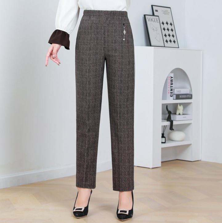 

Большой размер Осень/Зима Флис ягненка Эластичная талия Однотонная полоска Прямые брюки Свободные женские прямые брюки L