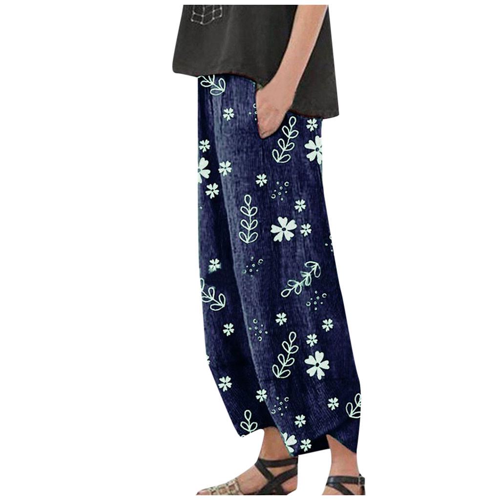 Women Casual Loose Floral Print Cotton Linen Elastic Waist Pocket Wide Leg Pants