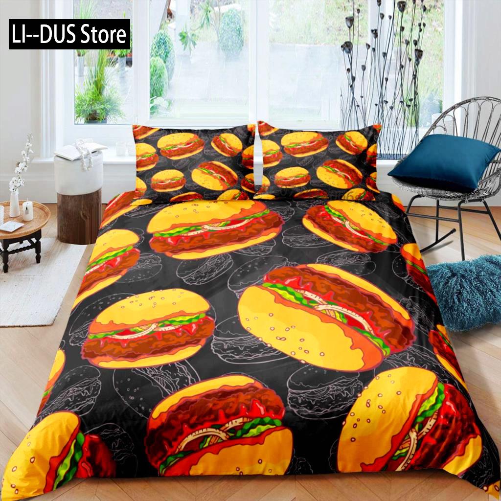 Hamburger Duvet Cover Set Meat Cheese Comforter Cover Fast Food Theme Bedding Set Cartoon Hamburg Pattern Quilt Cover For Kids