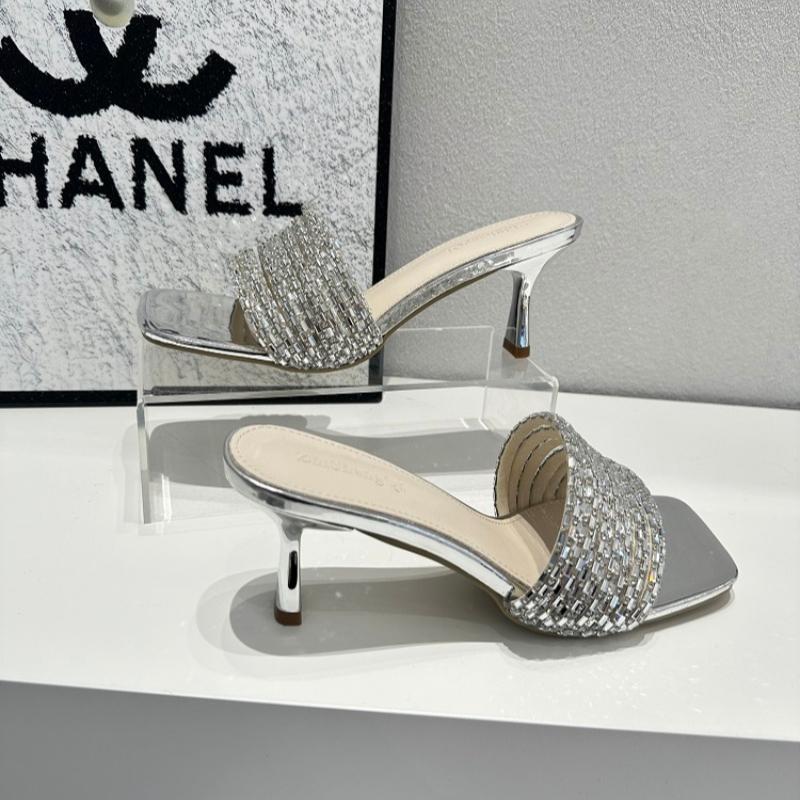 Fashion 2024 Women's Sandals Summer Crystal Belt High Heels Black Women's Slippers Sexy Luxury Square Toe Party Sandals