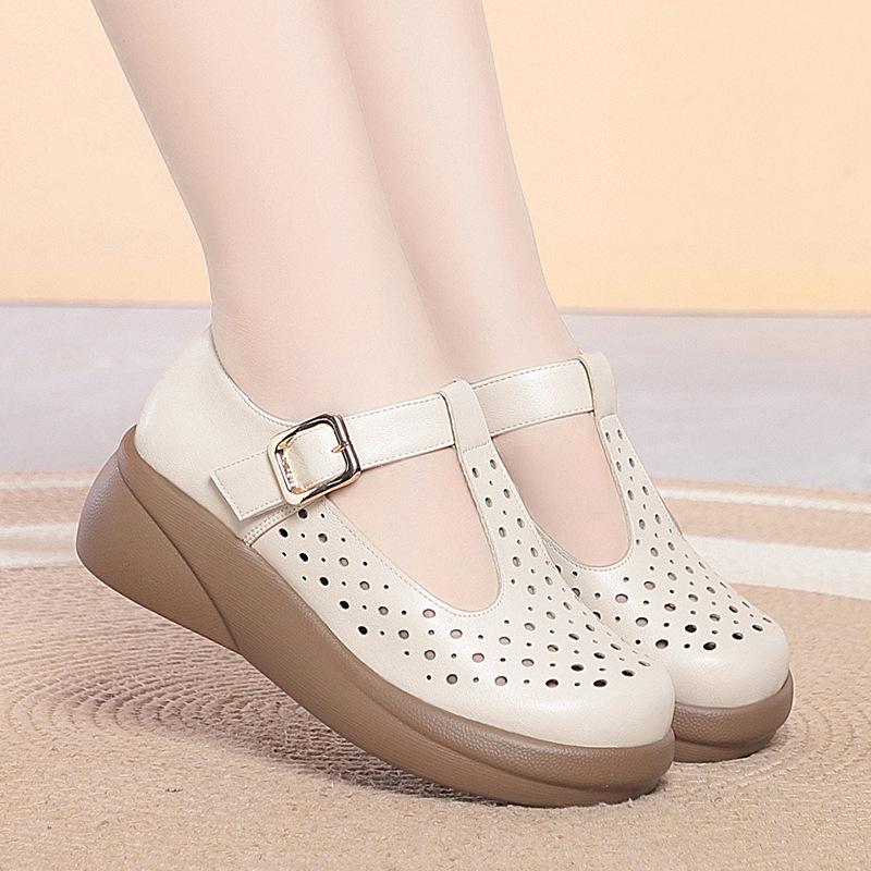 

Platform Women s Shoes, Comfortable Flat Shoes, Breathable Soft Leather Sandals for Middle-aged and Elderly Women 41 бежевий