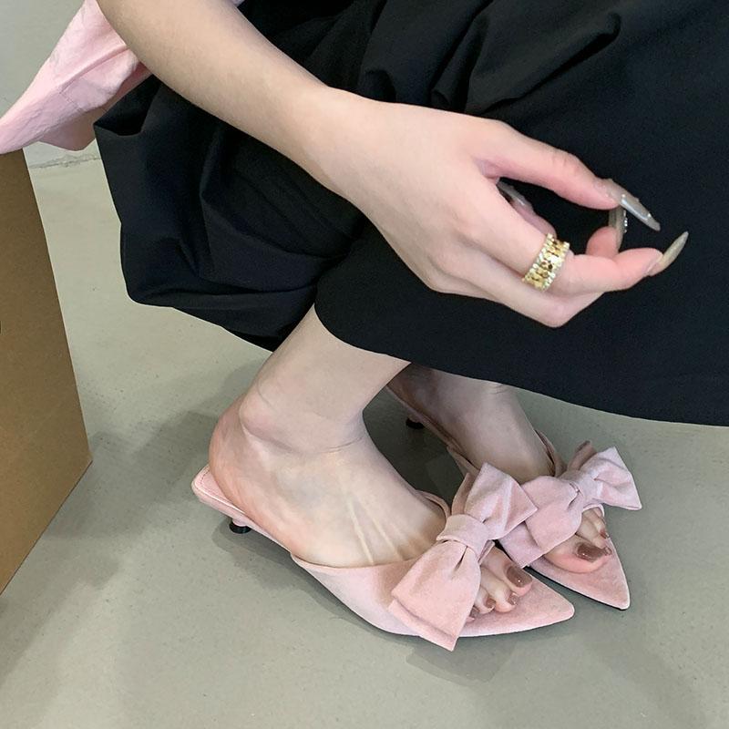Fashion Fashion Butterfly-Knot Women Low Heel Slippers Shoes Female Slides Sandals Pointed Toe Footwear Ladies Heeled Slippers Shoes