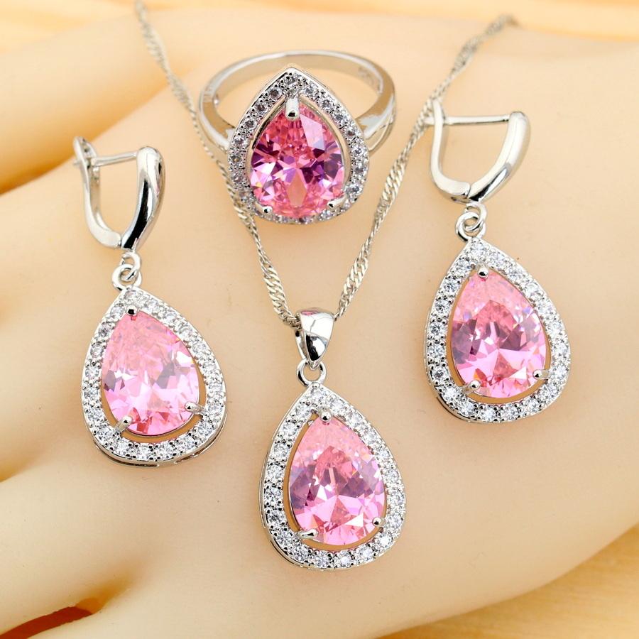 Classic Pink Zirconia Water Drop   Jewelry Sets For Women Earrings Necklace Ring Bracelet Wedding Gift