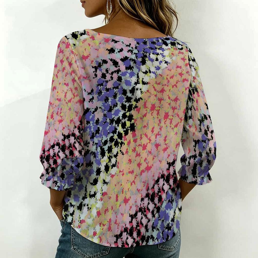 Women Square Neck Blouse White Black Ink Floral Print Ruffle Three Quarter Sleeve Shirt