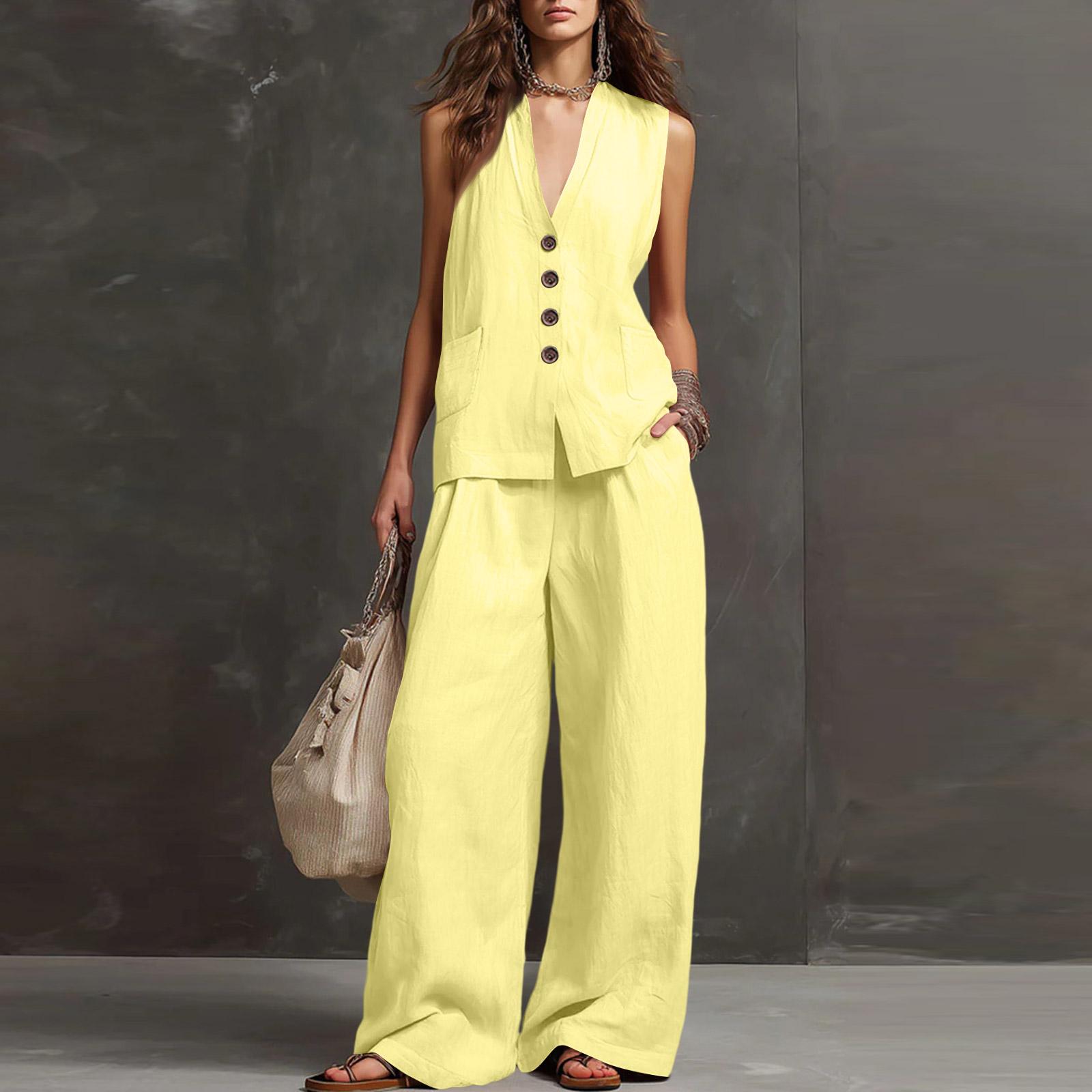 

Fashionable And Sexy Women s Spring And Summer Retro Elastic Waist Strap Linen Suit Women s Fashion Color Casual Two-piece Set XS жовтий