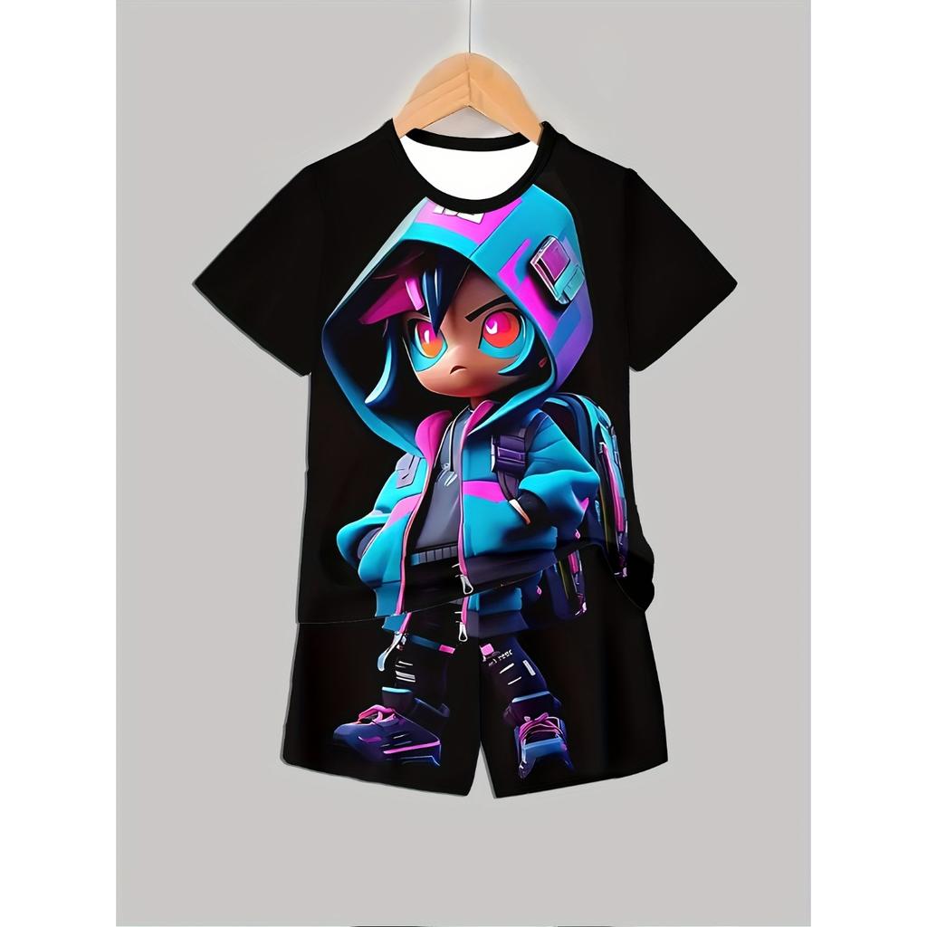 Boys Fashion 3D Printed Casual Pullover Short Sleeve Shorts T Sweatshirt, BoysOutdoor T-Shirt shorts Set, Perfect for Outdoor