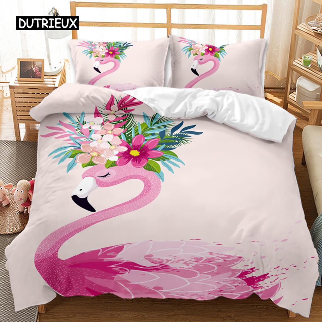 Flamingo Duvet Cover Couple Flamingo Palm Leaf Twin Bedding Set Tropical Botanical Leaves Summer King Size Polyester Quilt Cover